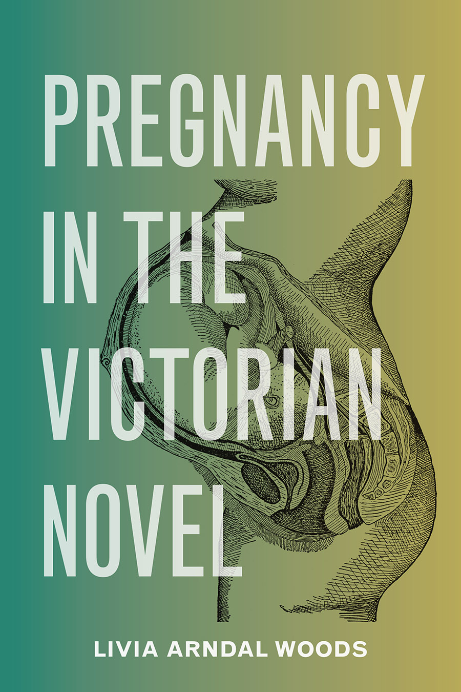 Pregnancy in the Victorian Novel by Livia Arndal Woods, featuring a picture of an anatomical cross-section of a fetus within a pregnant woman's body.